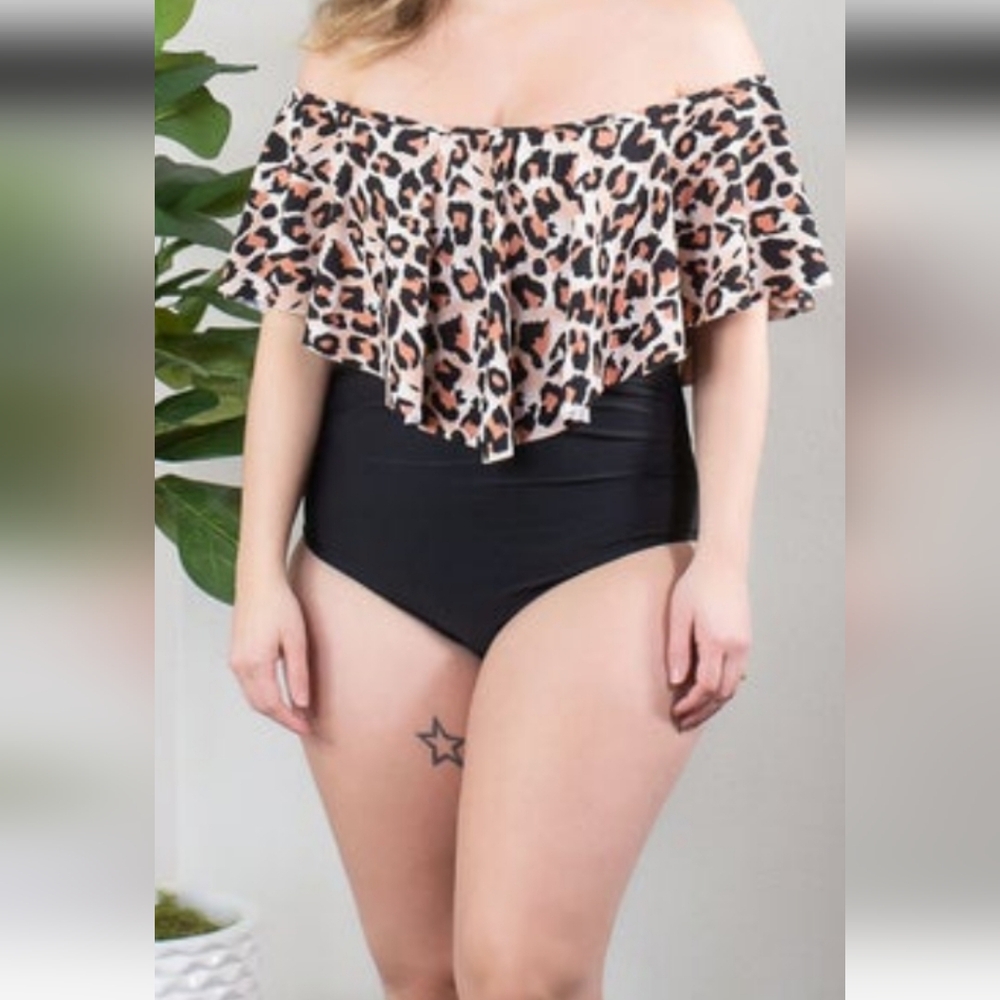 Leopard Ruffle Overlay One Piece Bathing Suit Women's Size Large - Picture 2 of 6